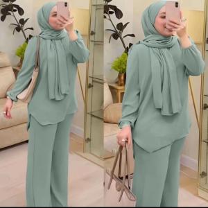 Modern Geometric Elegant Baju Raya Set with Long Pants - Ironless - S-3XL