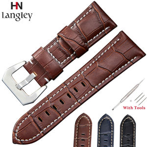 Zhangeer คุณภาพสูงCrazy Horseของแท้สายนาฬิกาหนังเงินสีดำหัวเข็มขัดSlubรูปแบบกันน้ำ20มม.22มม.24มม.26มม.นาฬิกาอุปกรณ์เสริมสร้อยข้อมือ