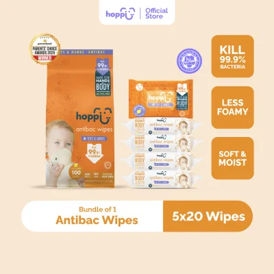 Hoppi Premium Baby Antibacterial Wipes (20 Wipes x 5 Packs)