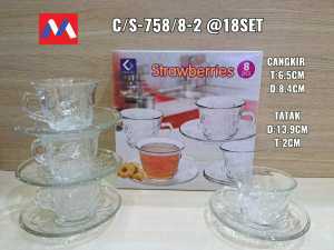 PROMO SATU SET 8 PCS ISI 4 PCS CANGKIR TEH DAN 4 PCS PIRING TATAKAN - GELAS CANGKIR KACA SET CRISTAR