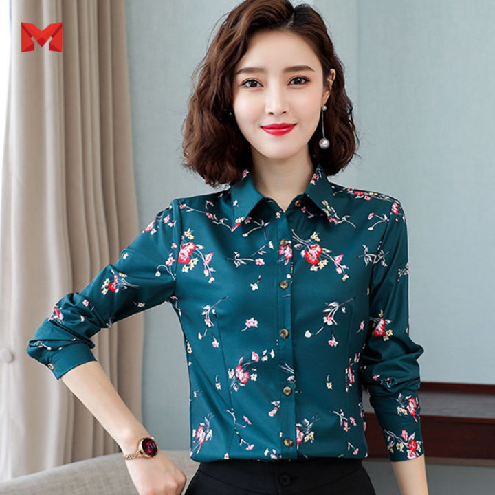 Korean Women Shirts Chiffon Floral Blouse for Women Long Sleeve Shirt  Office Lady Print Shirts Tops Plus Size
