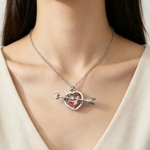 Pink Heart Necklaces for Women An Arrow Piercing The Heart Pendants Silver Color Chain Female Thin Necklace Fashion Neck Jewelry