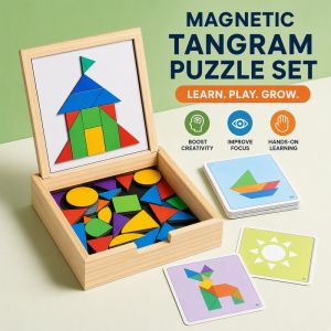 Magnetic Tangram Puzzle Set Wooden Board Geometric Shapes Montessori Learning Toy With Cards