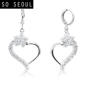 SO SEOUL Amora Open Heart with Dainty Flower Diamond Simulant Cubic Zirconia Left/Right Hoop Earrings