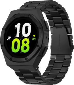 Luxury Case with Band Designed for Samsung Galaxy Watch 6/5/4 44mm Rugged Military Metal Bumper Cover with Tactical Stainless Steel Strap for Men Black