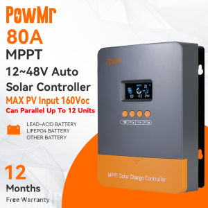 PowMr 80A MPPT Bộ điều khiển sạc năng lượng mặt trời Bộ điều chỉnh LCD đèn đen tự động 12V-48V Đầu vào PV tối đa 160VDC Hỗ trợ Pin Lifepo4 có thể song song lên đến 12 bộ