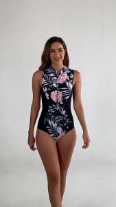 [Warrior2] Womens Long Sleeve Rash Guard Swimsuits UV Protection Bathing Suit Zipper Printed Surfing Athletic Swimwear Monokini