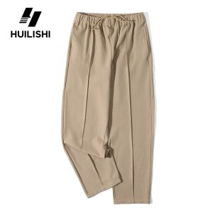 HUILISHI Korean Straight Single Pleated Mens Drape Trousers Casual Elegant High Waist Drawstring Plain Trousers
