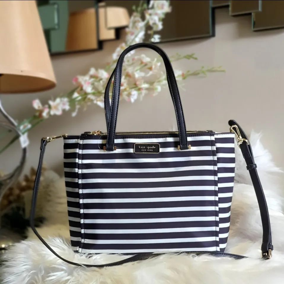 Black and white striped kate spade tote hotsell