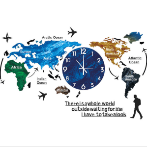 Minimalist Nordic Series World Map Clock Hot Sale Morden Home Living Room Large Clocks Simple and Fashion Creative Vintage Wall Clock Decorations with 3D Wall Sticker