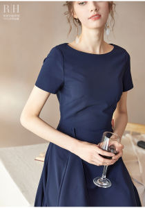 Đầm cổ tròn tay ngắn đấp chéo công sở xanh đen