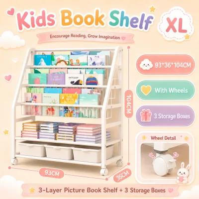PlayPark Kids Bookshelf Toy Storage Rack with Wheels and Storage Bins Multi Layer Children Bookcase Organizer Display Book Shelf