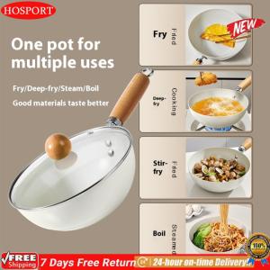 [HOSPORT Official Mall]Ceramic Woks & Stir-Fry Pans with Lid Induction Cookware Round Flat Bottom Cookware for Induction Cooktops/Gas Stoves
