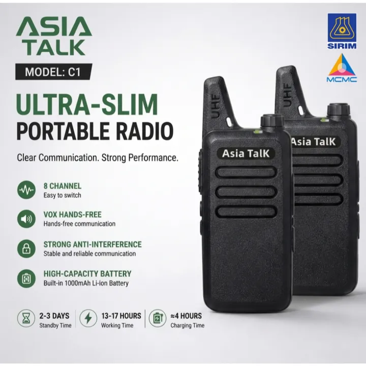 SIRIM APPROVE ASIA TALK KD-C1T Walkie Talkie PMR446 Free Licenses Security konvoi long range Type WLN baofeng