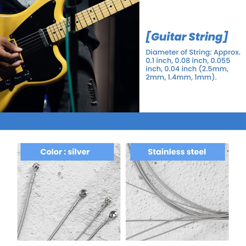 Electric Bass Guitar Strings - 4 Set Steel Plated, Gauges: 1mm, 1.4mm, 2mm, 2.5mm (120cm Length)