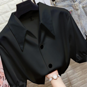 Womens comfortable Korean satin blouse plus size mid-sleeve chiffon top