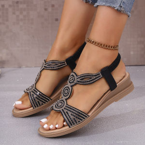 Free Shipping New Plus-Size Roman Sandals For Women Featuring A Wedge Heel Elastic Straps Rhinestone Embellishments And An Open-Toe Design