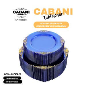 Blue Plastic Plates - Cabani Disposable Blue Gold Ornaments Party Plates with Cutlery for 25 Guests