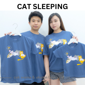 CAROTYLES S  Kaos Couple Keluarga Motif Cat Sleeping Wanita Lengan Pendek Katun