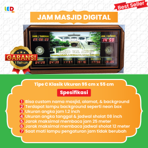 Jam Masjid Jadwal Sholat Digital Ukuran 95 cm x 55 cm Tipe C Klasik Bisa Custom Nama Masjid Dan Gambar