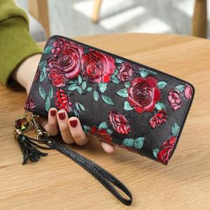 BANYANU Rose Printed Women Cowhide Genuine Leather Wallets Original Ladies Zipper Long Card Holder Purse for Birthday Gift 2025