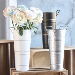 FORESTRY Round Tin Flower Bucket Durable Creative Retro Tin Barrel Beer Barrel with Handles Wrought Vase Home Decor