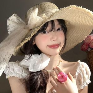 HULEQQI Spring Summer Bow Ribbon Straw Hat Big Brim French Style Lace Pearls Straw Hat Ins Beach Womens Sun Hat Outdoor