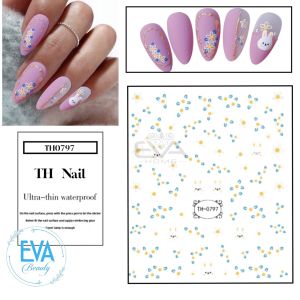 Sticker Dán Móng Tay 3D Dạng Decal Dán Chống Nước Hoạ Tiết Thỏ Trắng Và Hoa Nhỏ Bunny Patterns And Floral TH0797