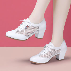 2025Womens Summer Leather Dance Shoes Ballroom Dance Mid Heel Soft Bottom Teachers Jitterbug Dance Shoes Breathable Comfortable Shoes for Square Dance8/27