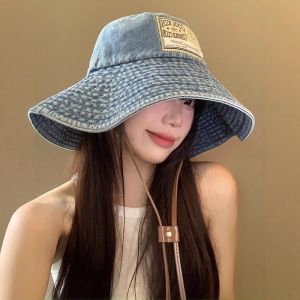 NEXTYOO Windproof Women Denim Bucket Hat Sun Protection With Drawstring Sun Cap Korean Fashion Retro Big Brim Sun Hat Summer