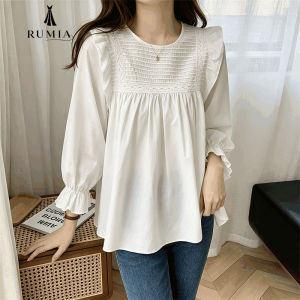 RUMIA Women Korean Style Sweet Smocked Blouse Long Sleeve Puff Sleeve Ruffle Top Square Neck Loose Fit Casual Elegant Muslim Fashion Shirt READY STOCK Baju cute shirts