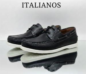 ITALIANOS Billy Black Perforated Leather Boat Shoes