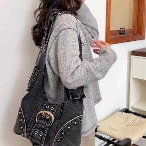 New Womens Y2K Denim Hobo Bag with Large Metal Buckle Studded Washed Jean Shoulder Purse Grunge Style Casual Crossbody Handbag2026