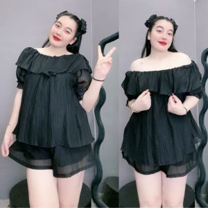 Set bộ đồ nữ bigsize cô nhỏ áo bẹt vai bèo dáng xòe babydoll quần đùi cạp cao lung thun vải đũi tơ thanh lịch SET820