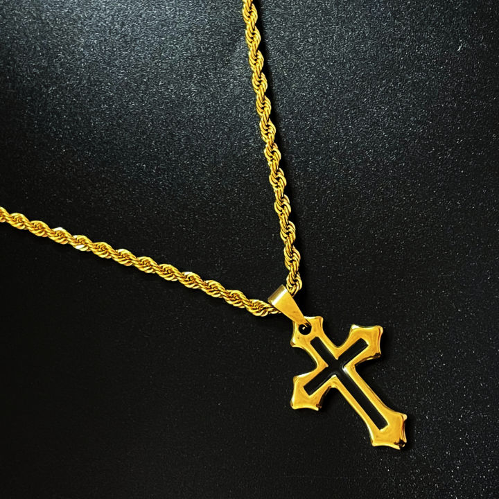 Cross Necklace】Black Cross For Men With Rope Chain For Men
