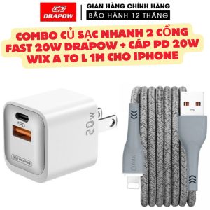 Củ sạc nhanh 2 cổng Fast 20W Drapow + Cáp Wix A to L 2m sạc nhanh IP 6 7 8 x xs max 11 12 13 14 pro bảo hành 12 tháng
