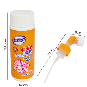 Orange foam bottle for down jackets. Removes stains effectively. No water cleaning required. Suitable for down jackets. Scene: hanging jackets.