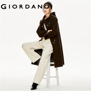 GIORDANO Women Coats Chunky Warm Metallic Toggle Buckles Long Coats Slant Pockets Windproof Fashion Casual Hooded Coats 18373917