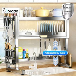 SJORAGE On Hand🔥100-120cm Adjustable Height Stainless Steel 304 Over Sink Dish Drying Rack Kitchen Organizer Dish Rack with Dust-Proof Cabinet Cover