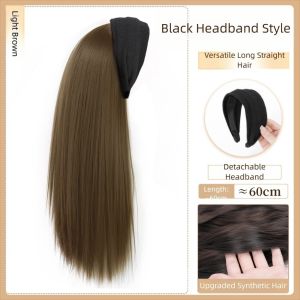 OMQAIO Hair Hoop Black Wide Knit Headband Wig Korean Style Clip in Half Headband Wig Heat Resistant Fiber Fake Hair Long Straight Hair Women