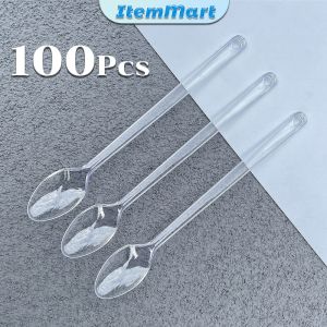 ItemMart 100pcs Disposable Plastic Spoon Colored Long Teaspoon for Dessert Milk Tea Sorbet