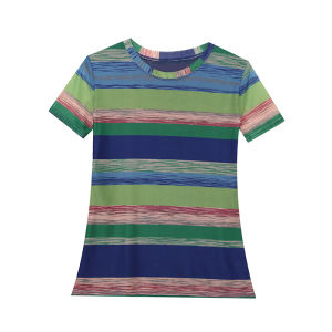 REHIN Womens top Summer New fashion mesh haloing Colorful wide horizontal stripes printing short-sleeved T-shirt round-neck slim and thin S-3XL elegant trendy blouse