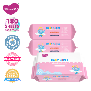 AiBeiGang Baby Wipes 60 Sheets Pack of 3 Non-Alcohol Unscented 99% Water Wet Tissue 180 Pcs Safe For Baby and Kids