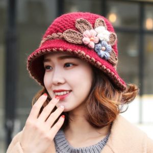 BNU0349 Warm Knitted Bucket Hat Plush Windproof Floral Crochet Hat Vintage Soft Yarn Cloche Hat Autumn