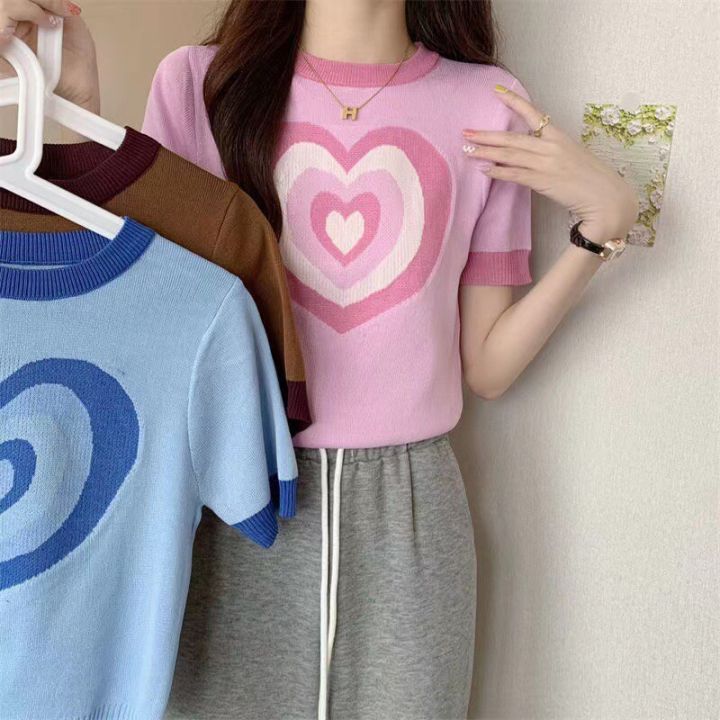 🍉 เสื้อไหมพรมคอกลม แขนสั้น ลายหัวใจ สีพาสเทล สินค้าพร้อมส่ง ( 80049 ...