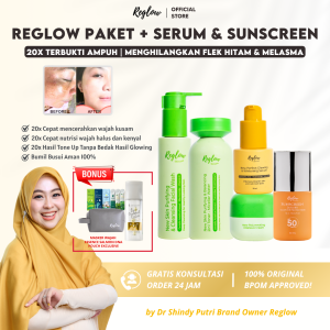 Reglow Skincare Dr Shindy Paket Lengkap + Sunscreen Reglow Spf 50 Skincare Wajah Glowing BPOM Pencerah Kulit Kusam Penghilang Flek Hitam Penghilang Jerawat dan Bekasnya Penghilang Beruntusan Penghilang Milia Penghilang Komedo Penghilang Bopeng Wajah