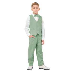 LOlanta 4Pcs Boys Linen Suit Dress Clothes Kids Graduation Wedding Outfit Shirt Vest Pants Set with Bow Tie 5-12 Years