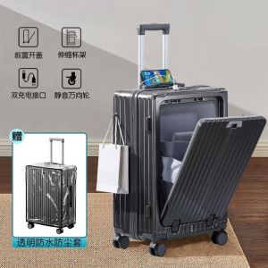 [SG Seller]Front Opening Luggage USB Charging 20 inch Luggage With Cup Holder Cabin Luggage Small Travel Luggage