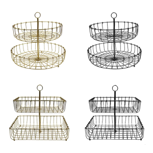 ตะกร้าโลหะสองชั้นที่ทันสมัยสำหรับห้องครัวถาดเหล็กสนิมที่มีดีไซน์ตาข่ายกันลม