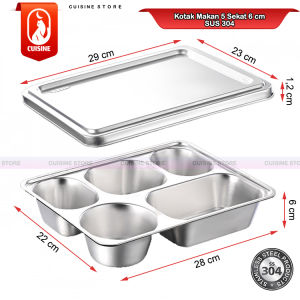 Food Tray Piring Stainless 5 Sekat SUS 304 Kotak Makan Untuk Kantin Catering Tebal